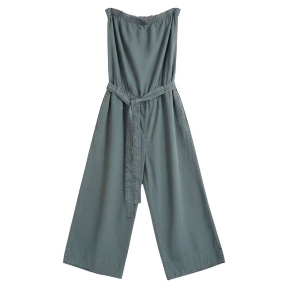 Anthropologie Cloth & Stone Dusty Teal Strapless Wide Leg Jumpsuit M Coastal - Picture 2 of 11